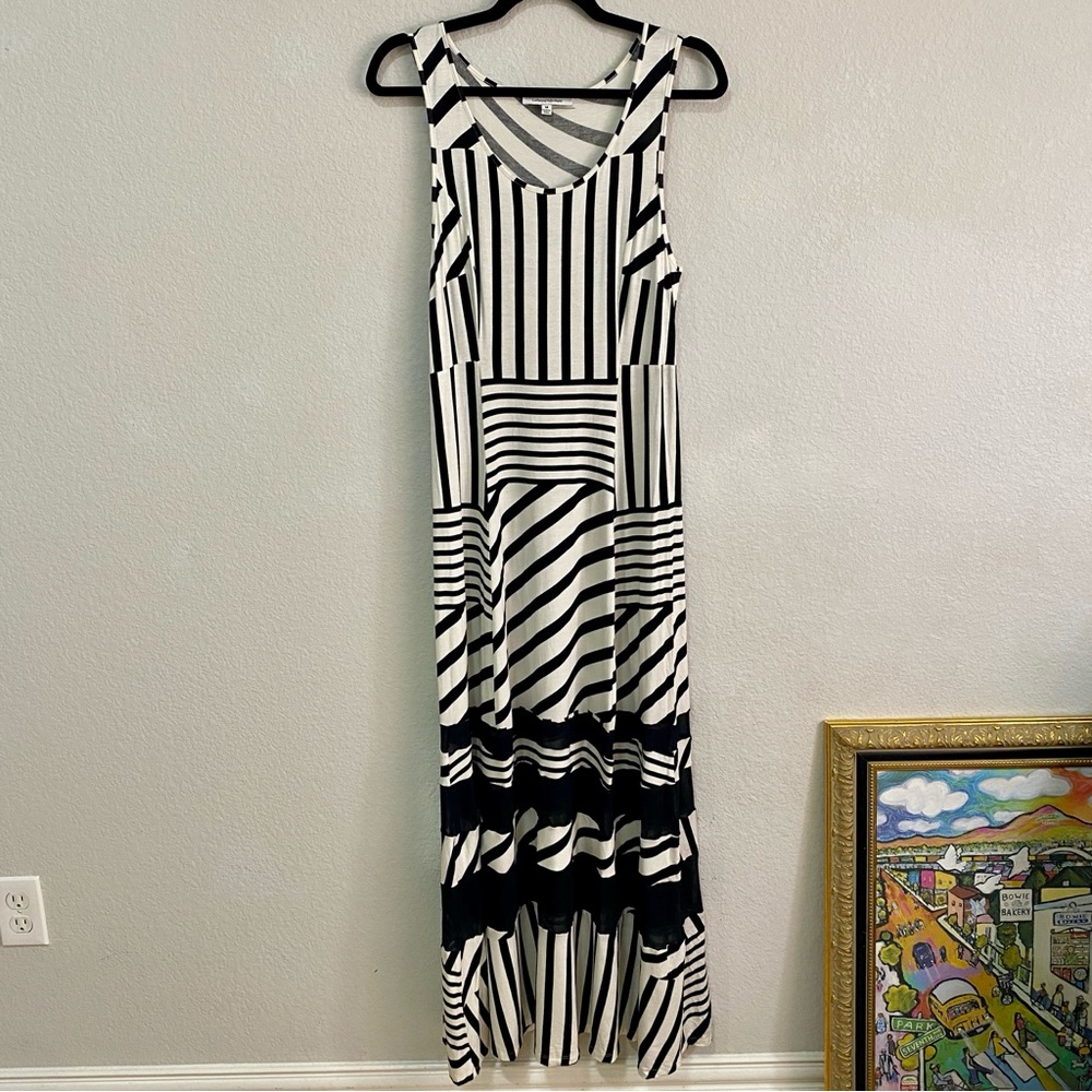 Catherine‎ Malandrino Mixed Stripe Maxi Dress Black White Mesh Trim Size M